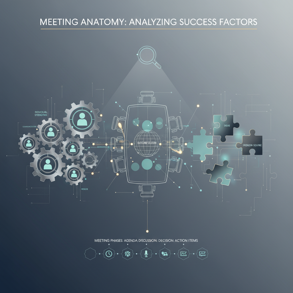 Diagramme stylisé montrant les composants d'une réunion et des symboles de points forts s'imbriquant, illustrant l'analyse des dynamiques d'équipe.