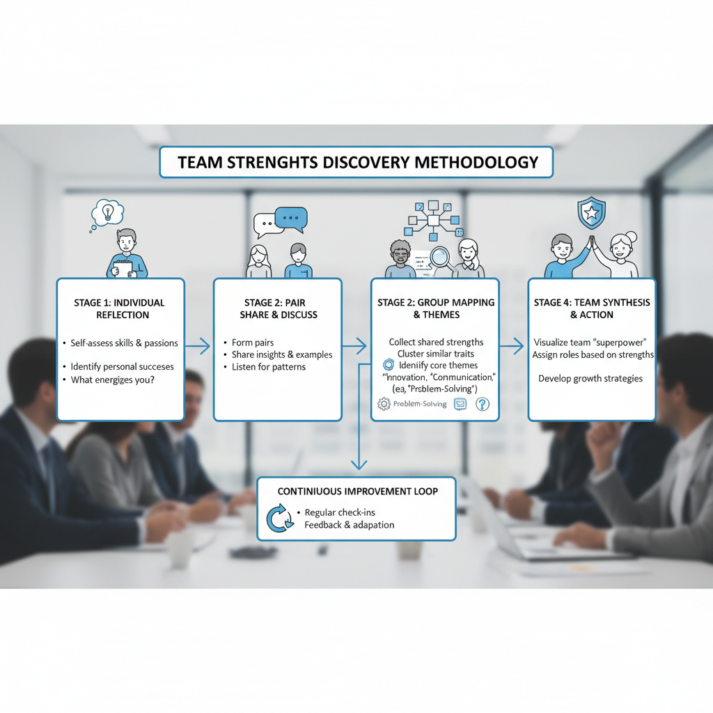 Illustration d'un processus en plusieurs étapes pour l'audit des réunions, avec des icônes de points forts et des personnes en interaction, représentant la méthodologie.