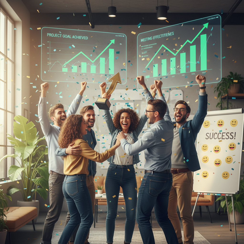 Une équipe professionnelle diverse et souriante, célébrant un succès dans un bureau moderne, symbolisant l'efficacité et l'engagement.