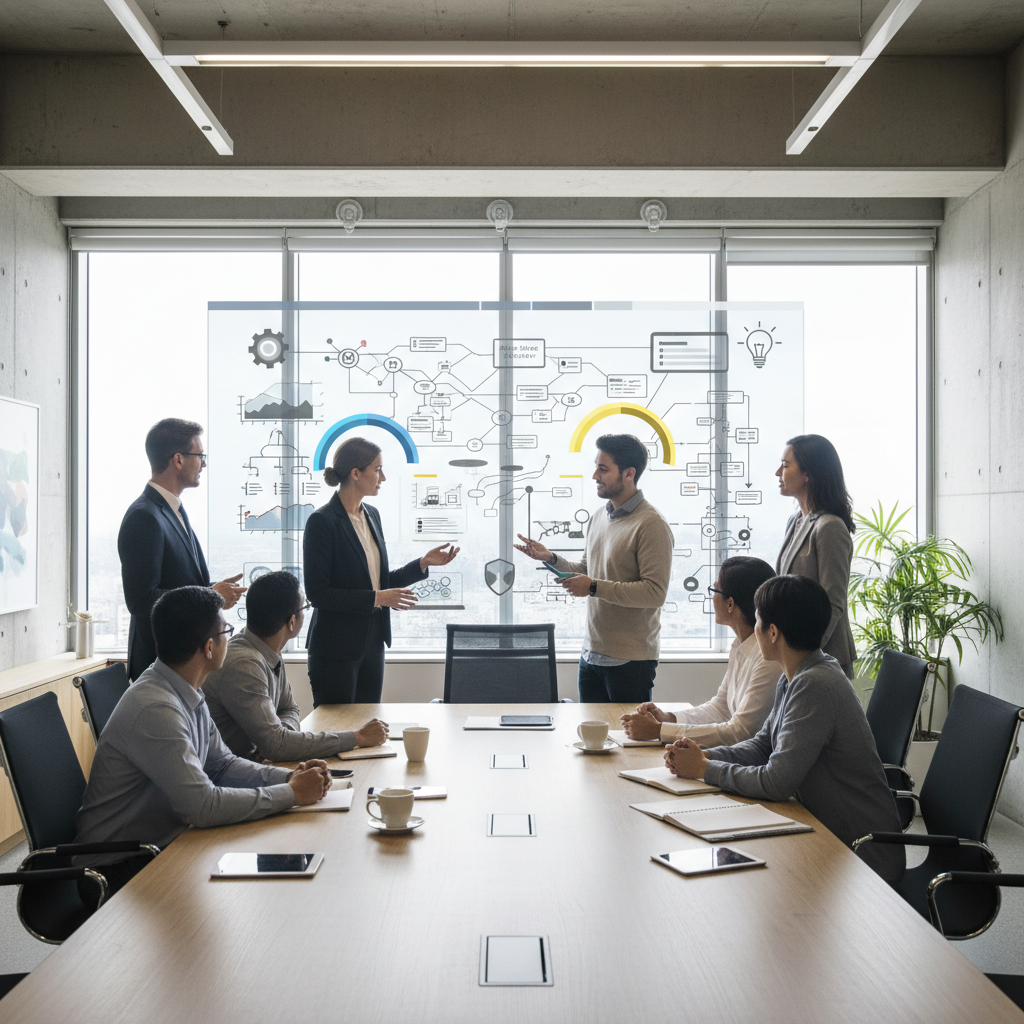 Des professionnels diversifiés collaborant autour d'une table de réunion moderne avec un écran interactif affichant des données, symbolisant l'efficacité et l'engagement.
