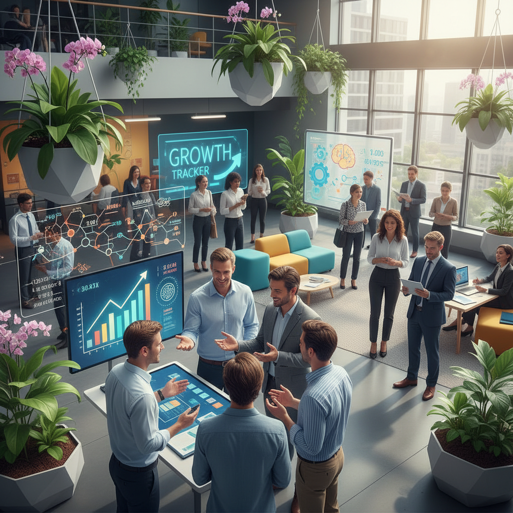 Illustration d'une culture d'entreprise florissante, montrant des employés engagés et des symboles de croissance, résultats d'une approche basée sur les forces.
