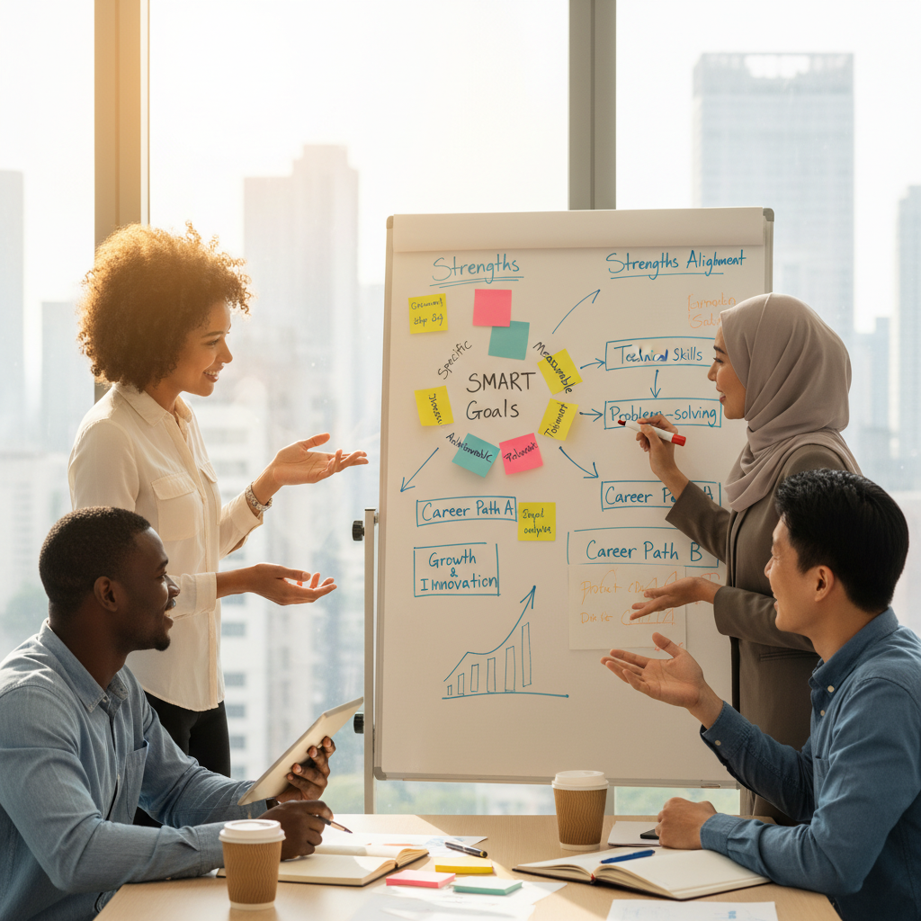 Un groupe de professionnels en session de brainstorming, alignant leurs points forts avec des objectifs SMART de développement de carrière.