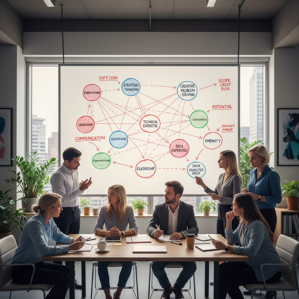 Une équipe diverse cartographiant collectivement leurs points forts pour identifier les interactions.