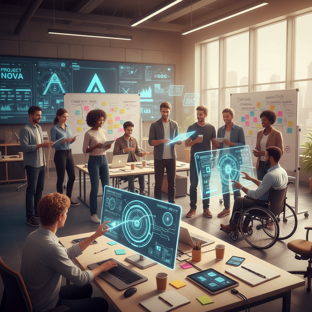 Une équipe projet diverse et agile collabore dans un bureau moderne, symbolisant les dynamiques de travail en 2026.