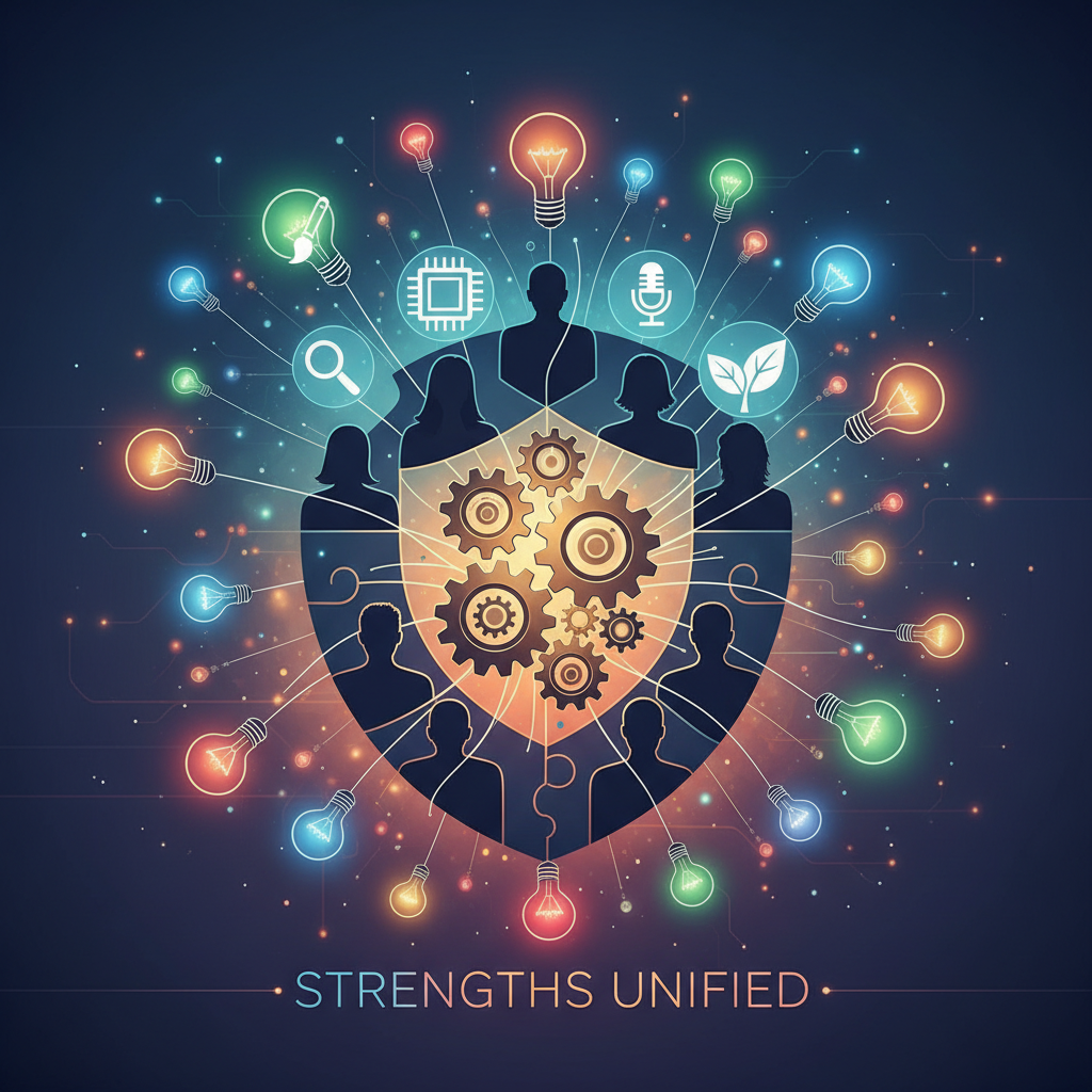 Illustration conceptuelle montrant des individus dont les talents uniques sont identifiés et s'assemblent pour former une équipe forte.