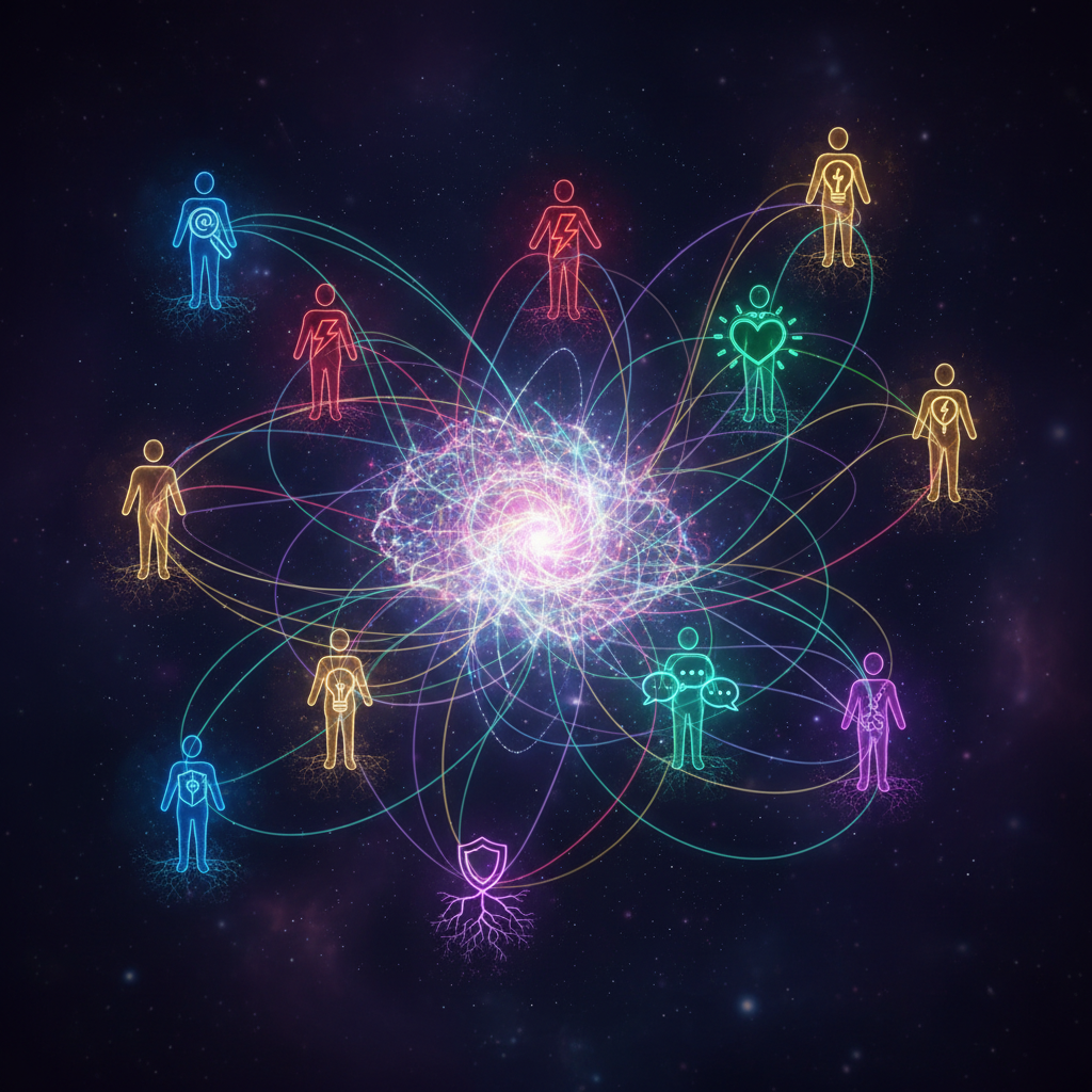 Visualisation abstraite des talents individuels ('super-pouvoirs') s'interconnectant au sein d'une équipe, illustrant de nouveaux profils de rôles.