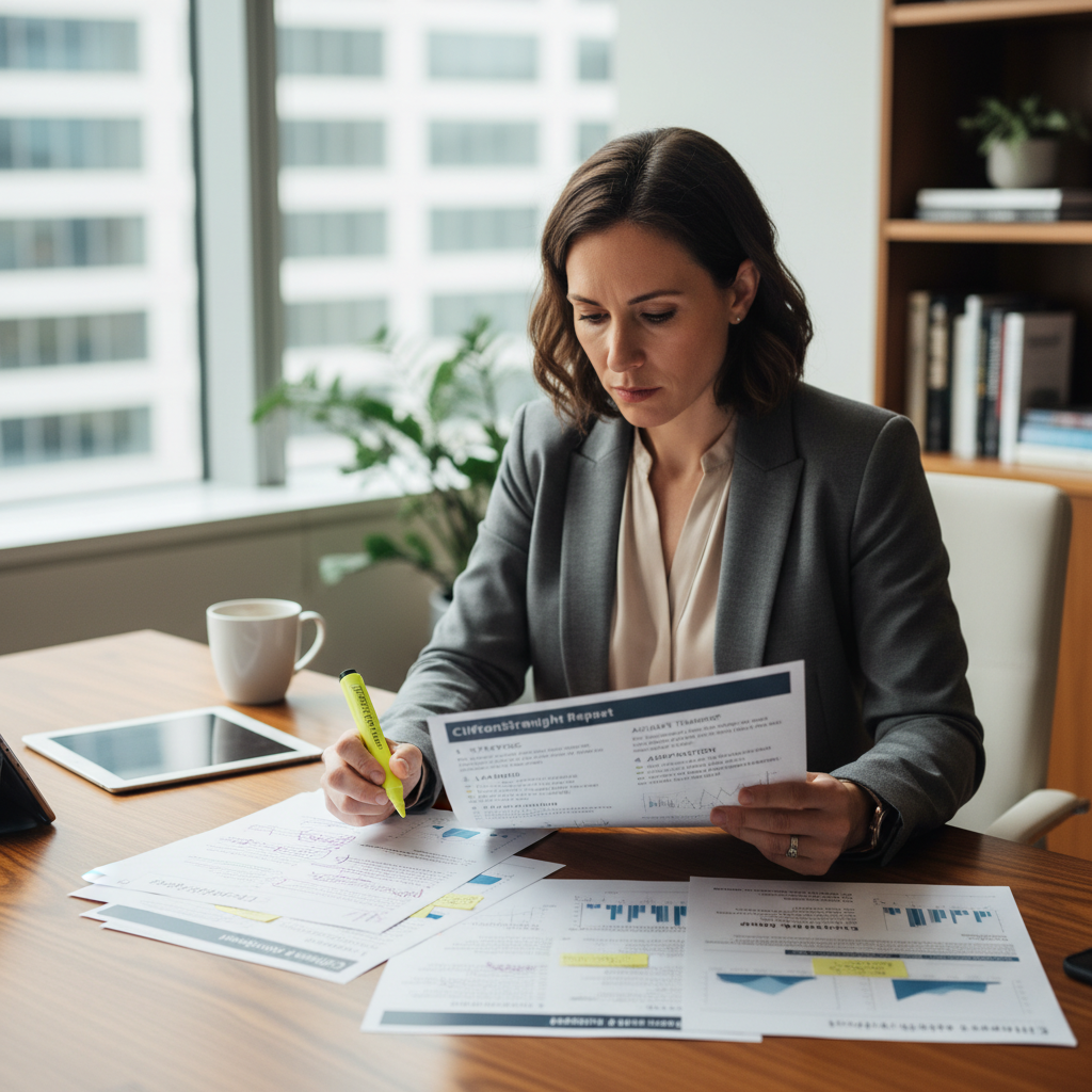 Une femme professionnelle analysant un rapport d'évaluation de ses points forts pour préparer son entretien annuel.