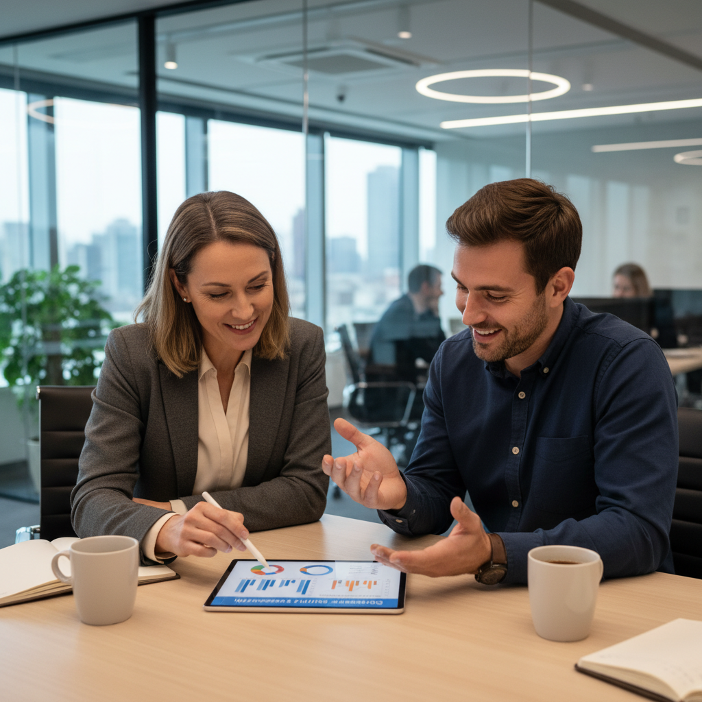 Une manager et un membre de son équipe lors d'une réunion de suivi proactif, discutant des progrès et des compétences.