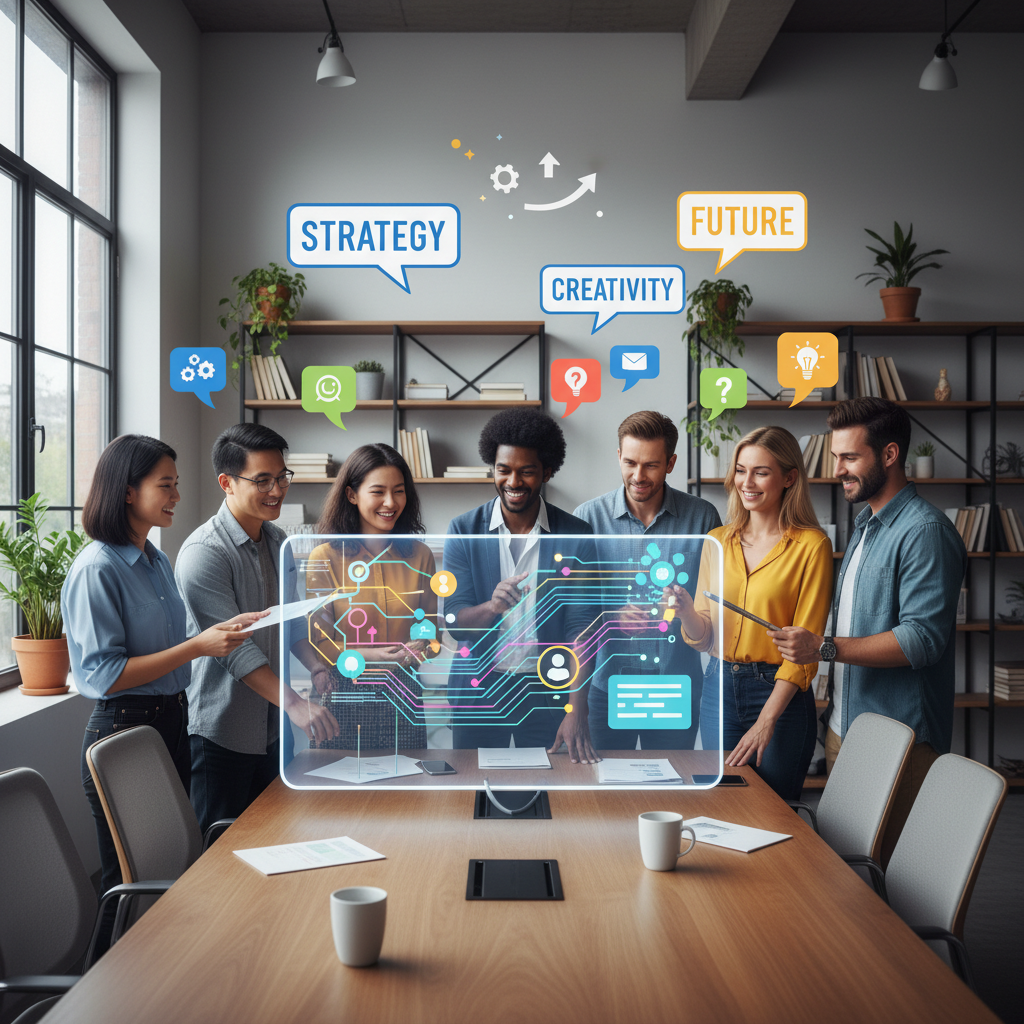 Équipe diverse en session de brainstorming pour trouver des solutions innovantes.