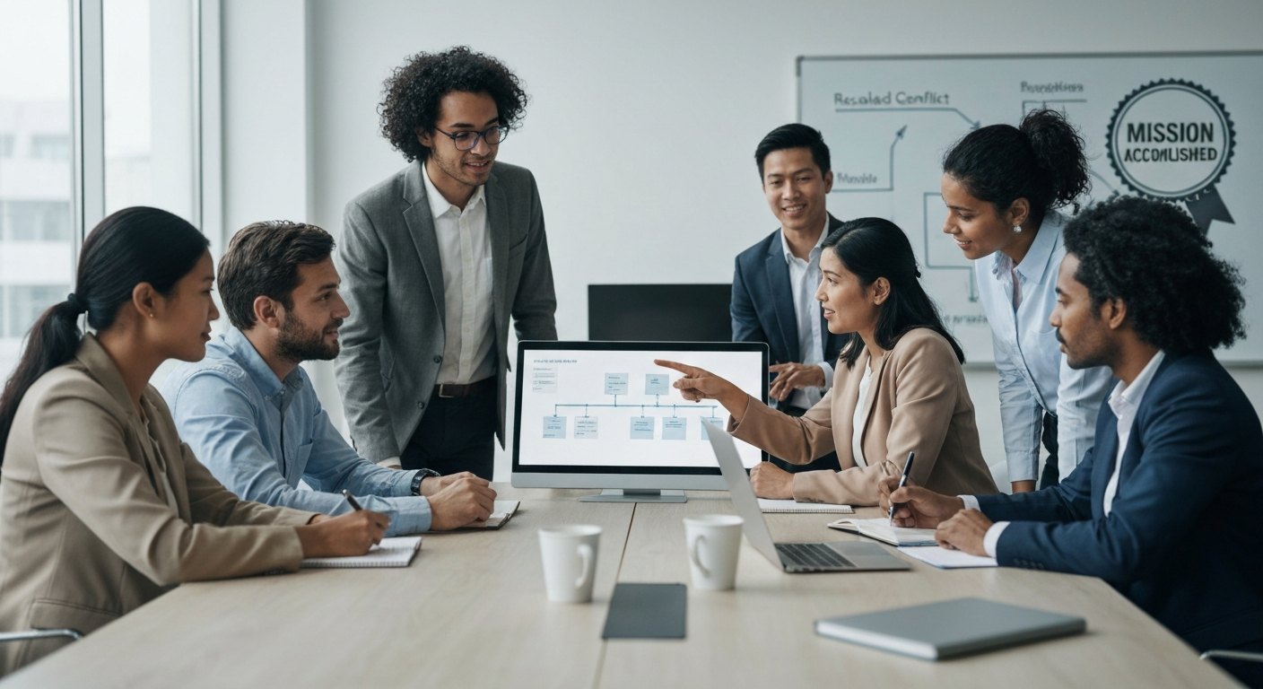 Équipe projet diversifiée travaillant de manière stable et collaborative, symbolisant la gestion réussie de la tension et du stress en projet.