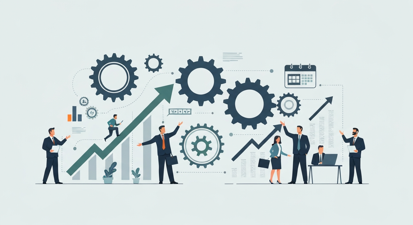 Illustration conceptuelle d'un plan 90 jours accélérant l'adoption managériale et la transformation d'entreprise, montrant des engrenages, des flèches de croissance et des silhouettes de managers engagés.