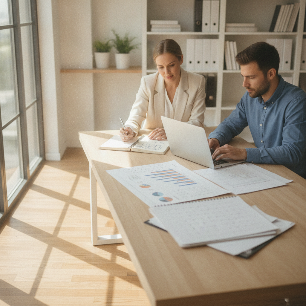 Deux collaborateurs échangent autour d'un ordinateur portable dans un bureau lumineux pour une passation projet.