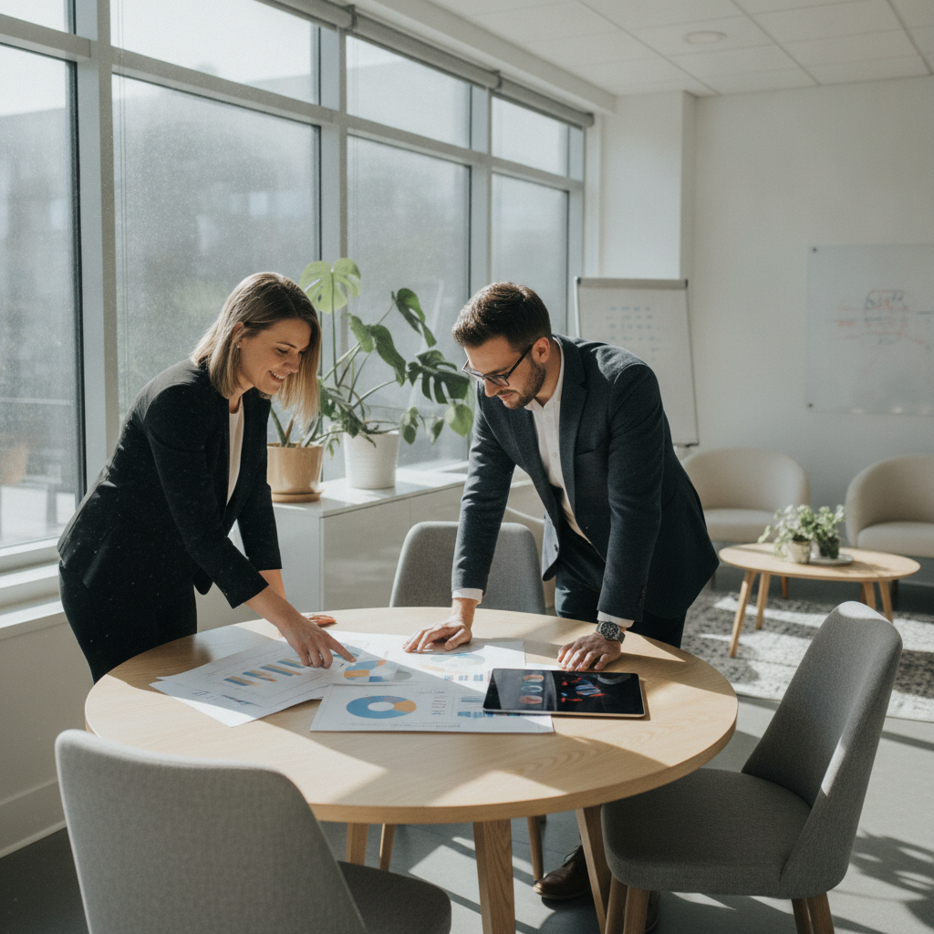 Un manager échange avec deux collaborateurs dans un bureau lumineux pour encourager l'autonomie d'équipe.