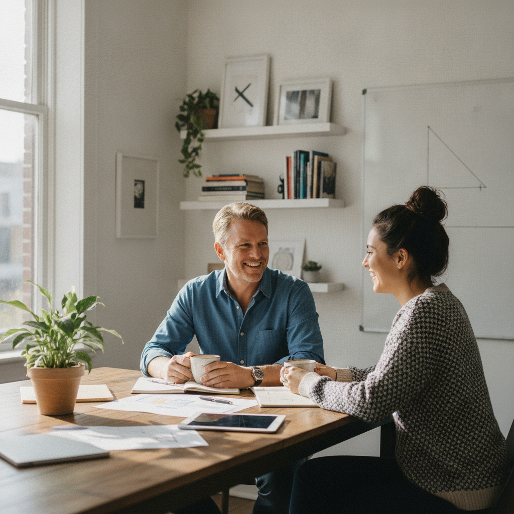 Deux collaborateurs échangent sereinement autour d'une table dans un bureau baigné de lumière naturelle.