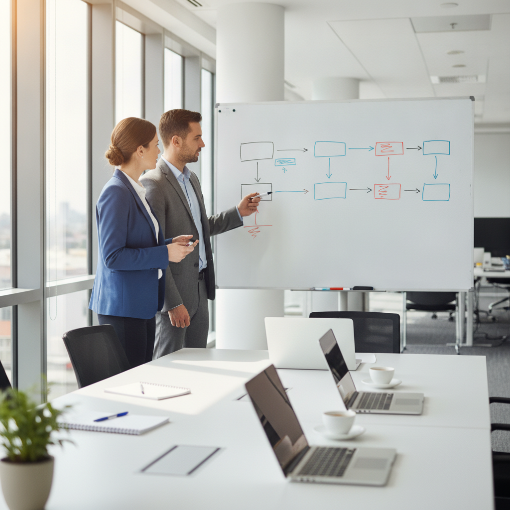 Un expert et un responsable opérationnel édictent un schéma sur un tableau blanc dans un bureau lumineux.