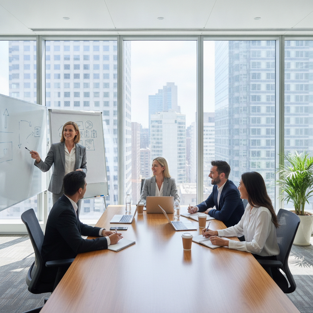 Un groupe de collaborateurs et leur responsable RH échangent lors d'un atelier sur la culture d'entreprise.