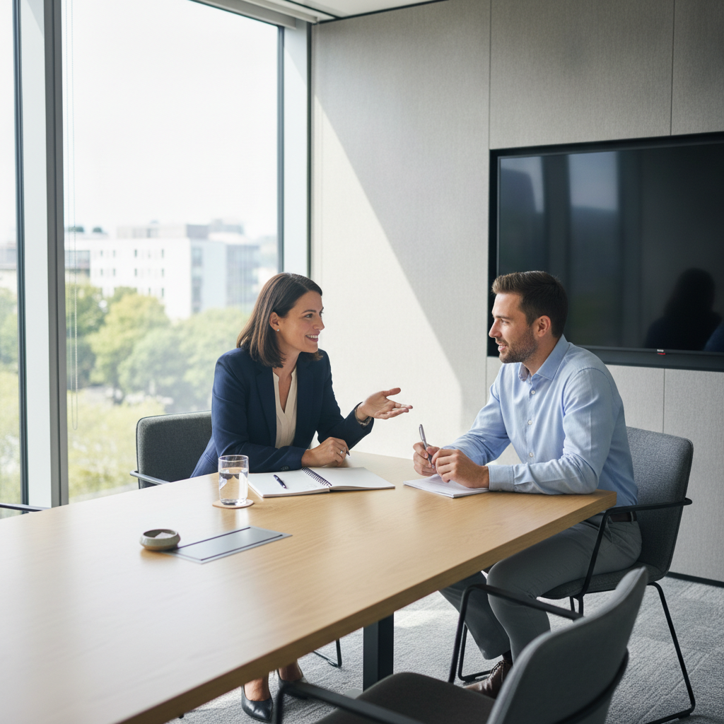 Un manager et son collaborateur échangent lors d'un entretien individuel dans un bureau lumineux.