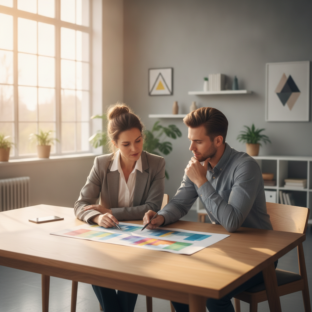 Une responsable RH échange avec un collaborateur autour d'une grille d'évaluation des compétences.