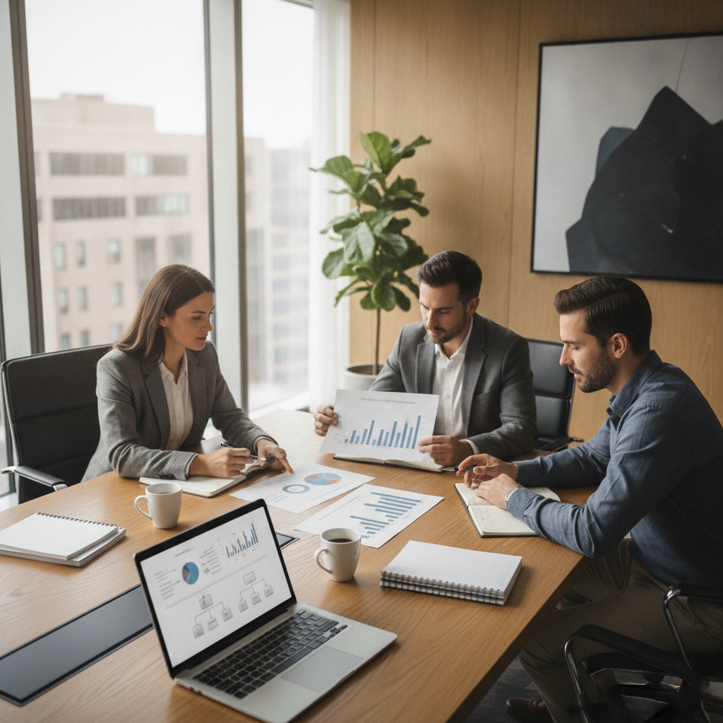 Responsable RH et managers travaillant autour d'une table de réunion sur la gestion des compétences.