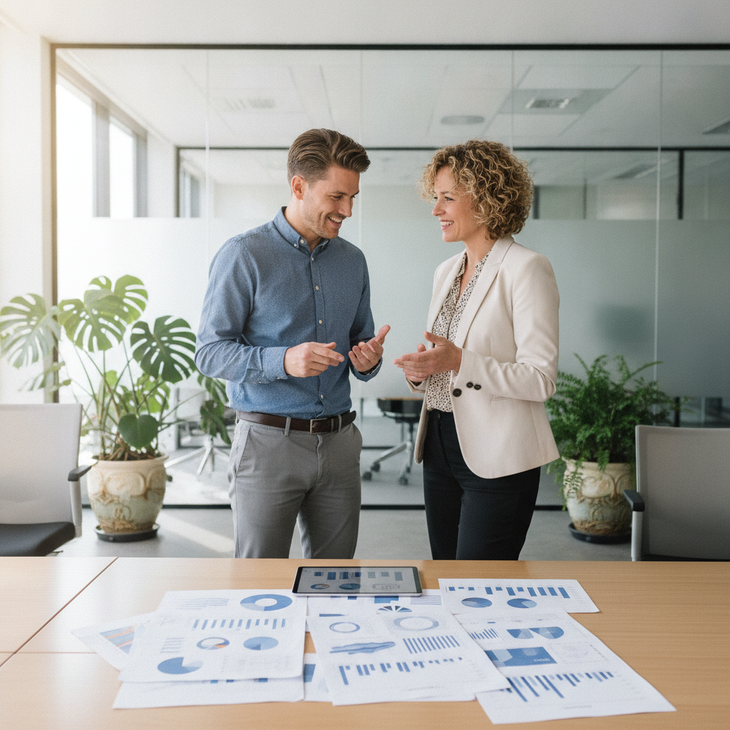 Un spécialiste RH et un manager collaborant autour d'un bureau dans un bureau moderne