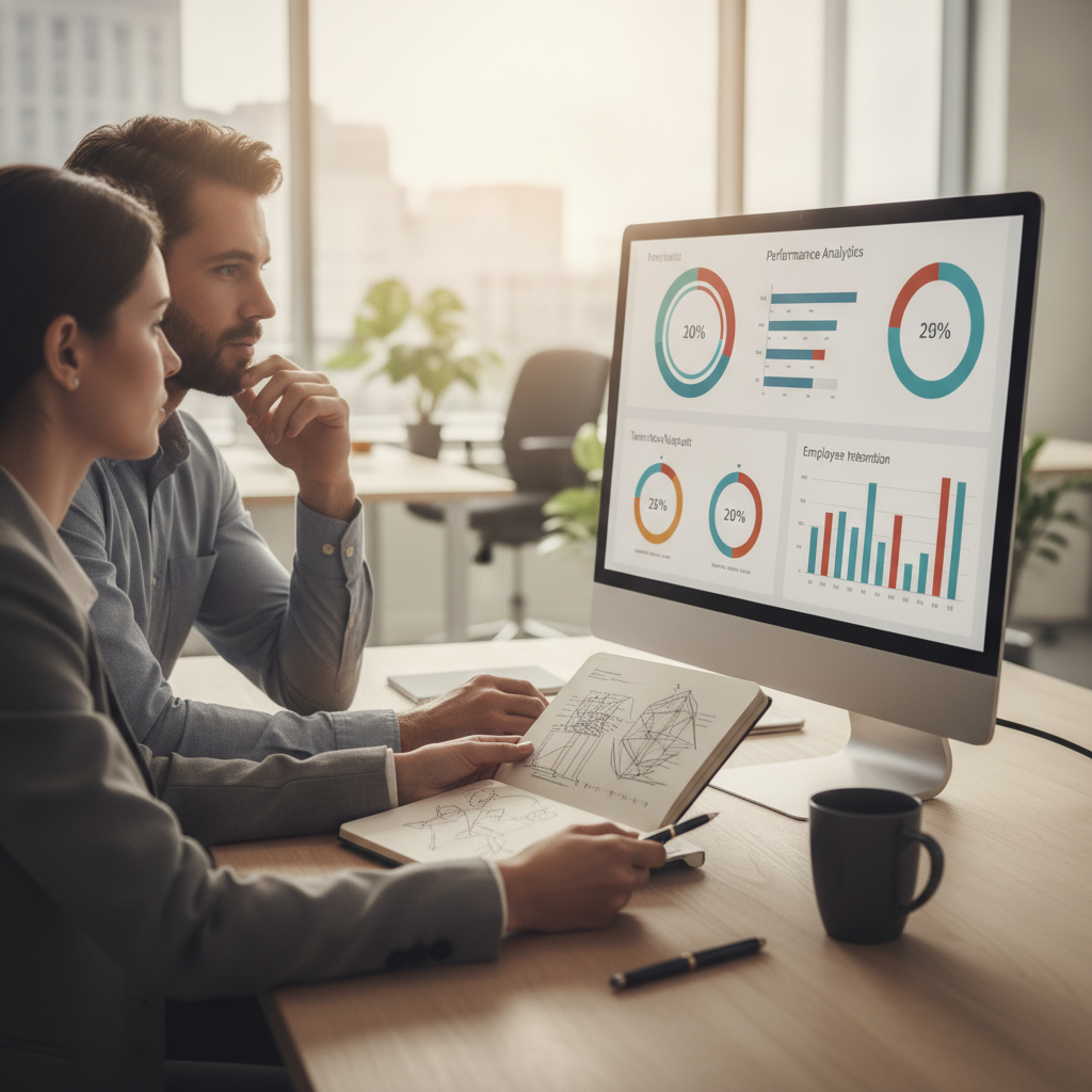 Un responsable RH et un manager analysant un tableau de bord de performance et d'engagement sur un écran dans un bureau lumineux.