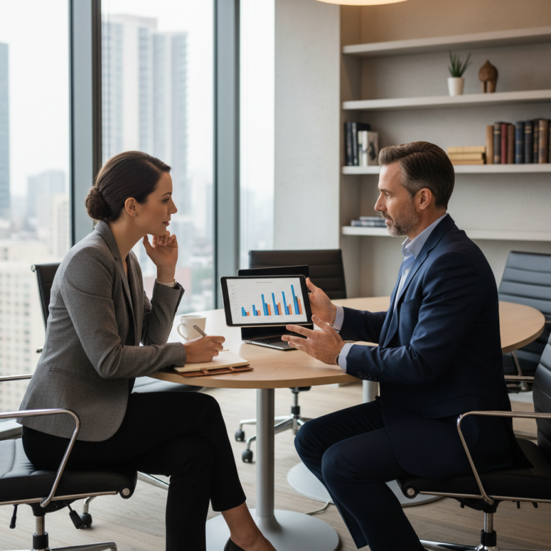 Un homme d'affaires présentant ses réussites avec confiance lors d'un entretien annuel.