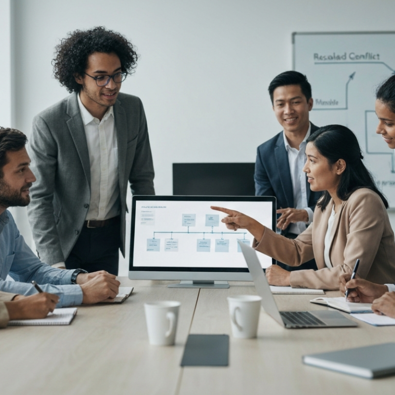 Équipe projet diversifiée travaillant de manière stable et collaborative, symbolisant la gestion réussie de la tension et du stress en projet.