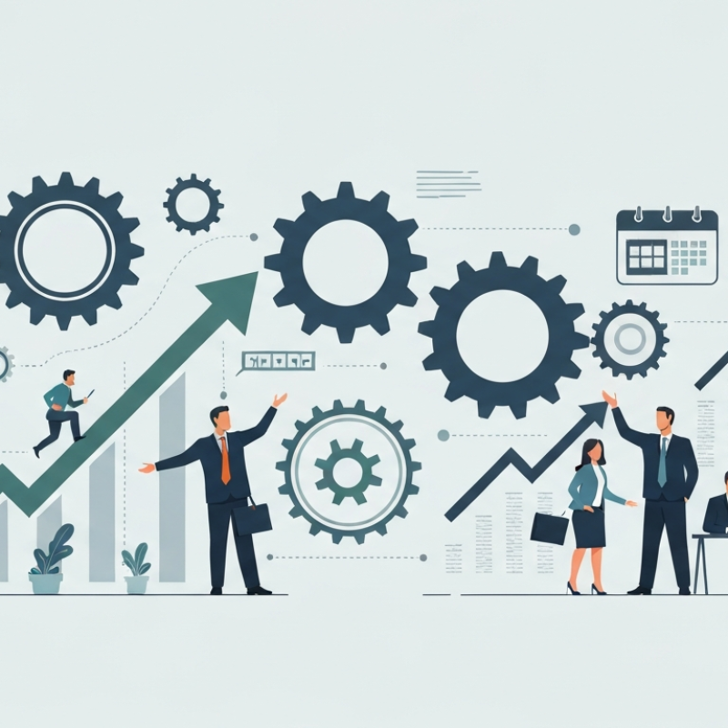 Illustration conceptuelle d'un plan 90 jours accélérant l'adoption managériale et la transformation d'entreprise, montrant des engrenages, des flèches de croissance et des silhouettes de managers engagés.